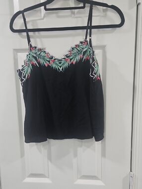 Show Me Your MuMu Black Cami with Green and Pink Leaf Embroidery
